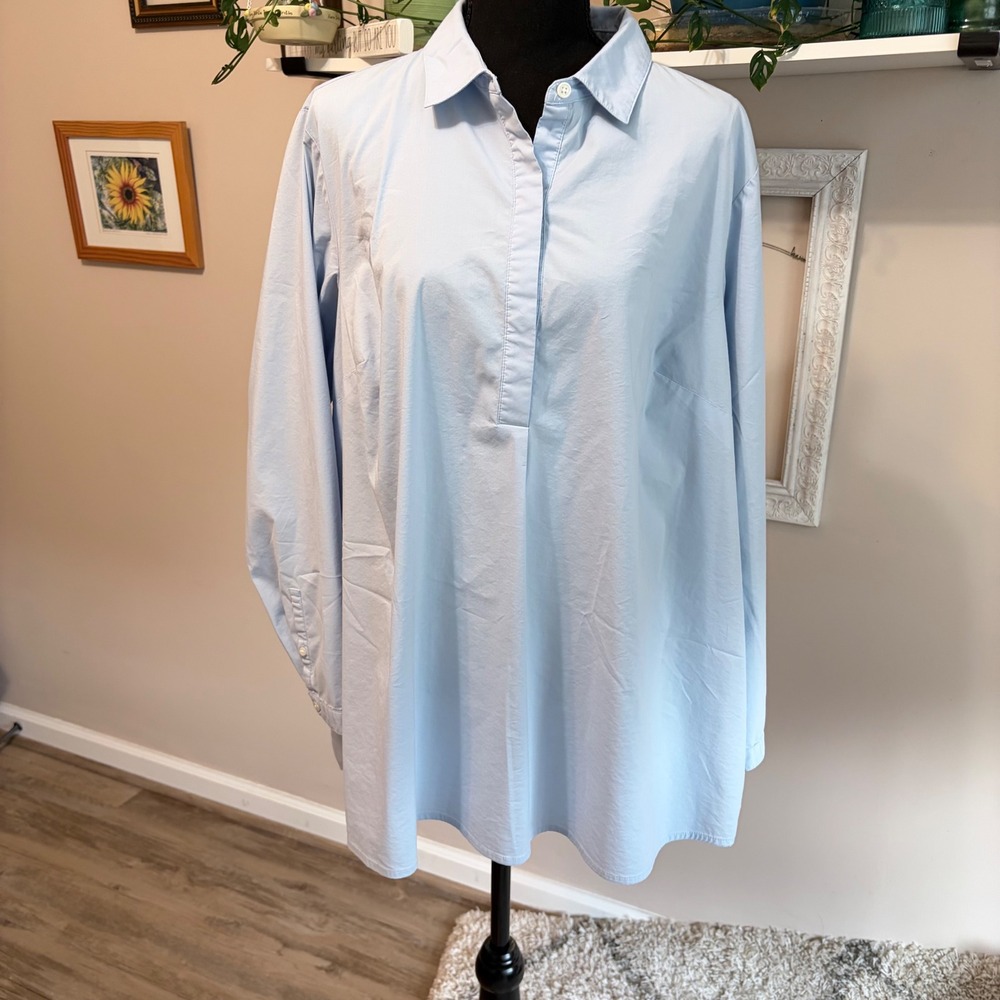 J. Jill Light Blue Pleated Back Poplin Tunic Blouse XL Cotton Blend Long Sleeve